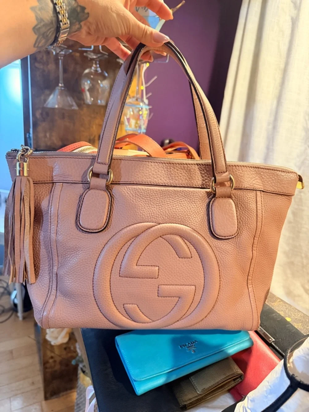 Gucci Blush Pink Pebbled Leather Tote with Tassel - Picture 1 of 10